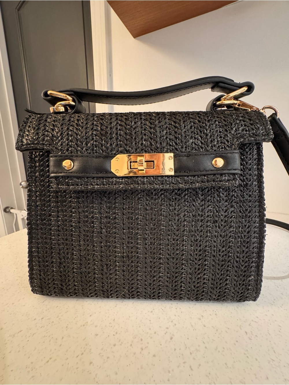 Black Woven Top-Handle Women's Bag with Gold Hardware